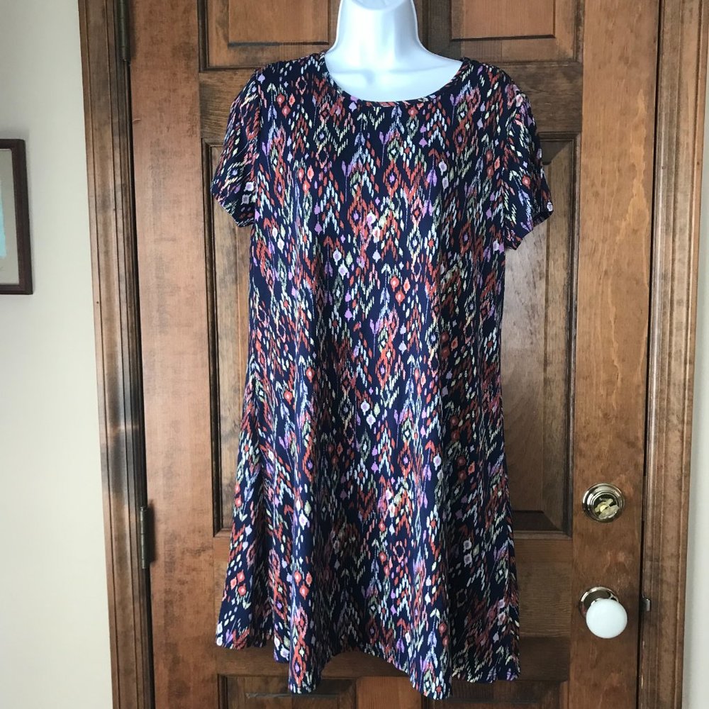 Harlow & Rose Navy Blue w/Multi-Color Abstract Pullover Tee Dress Medium